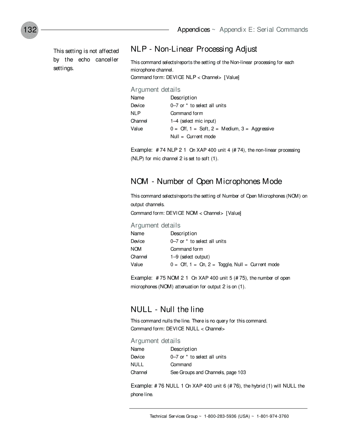 ClearOne comm XAP 400 132, NLP Non-Linear Processing Adjust, NOM Number of Open Microphones Mode, Null Null the line 