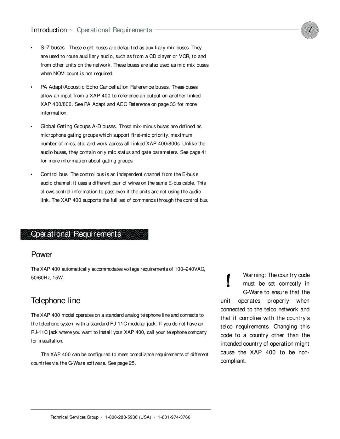 ClearOne comm XAP 400 operation manual Power, Telephone line, Introduction ~ Operational Requirements 