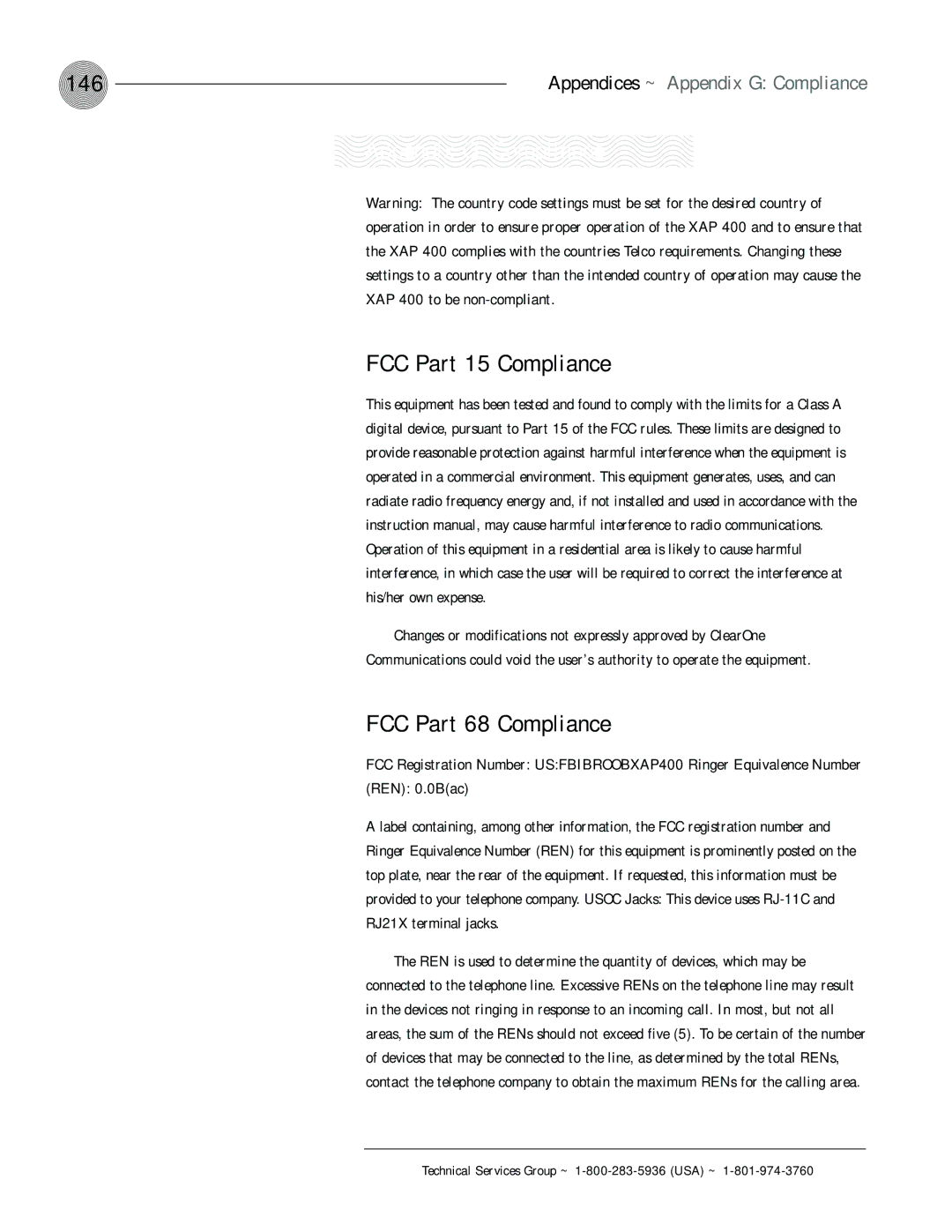 ClearOne comm XAP 400 operation manual 146, Appendix G Compliance, FCC Part 15 Compliance, FCC Part 68 Compliance 