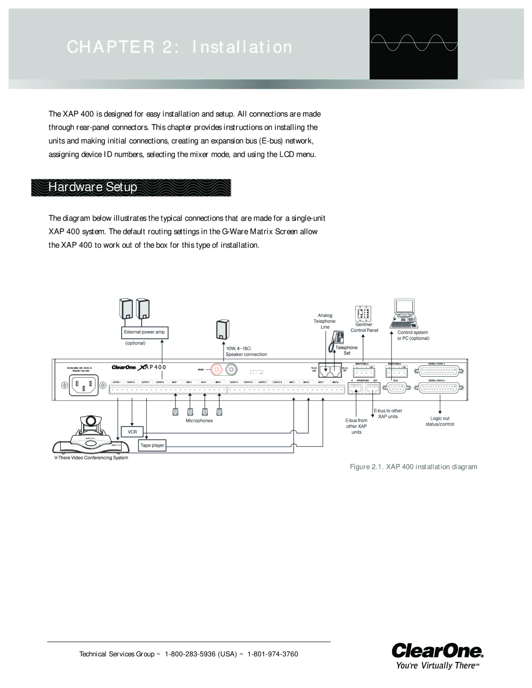 ClearOne comm XAP 400 operation manual Installation, Hardware Setup 