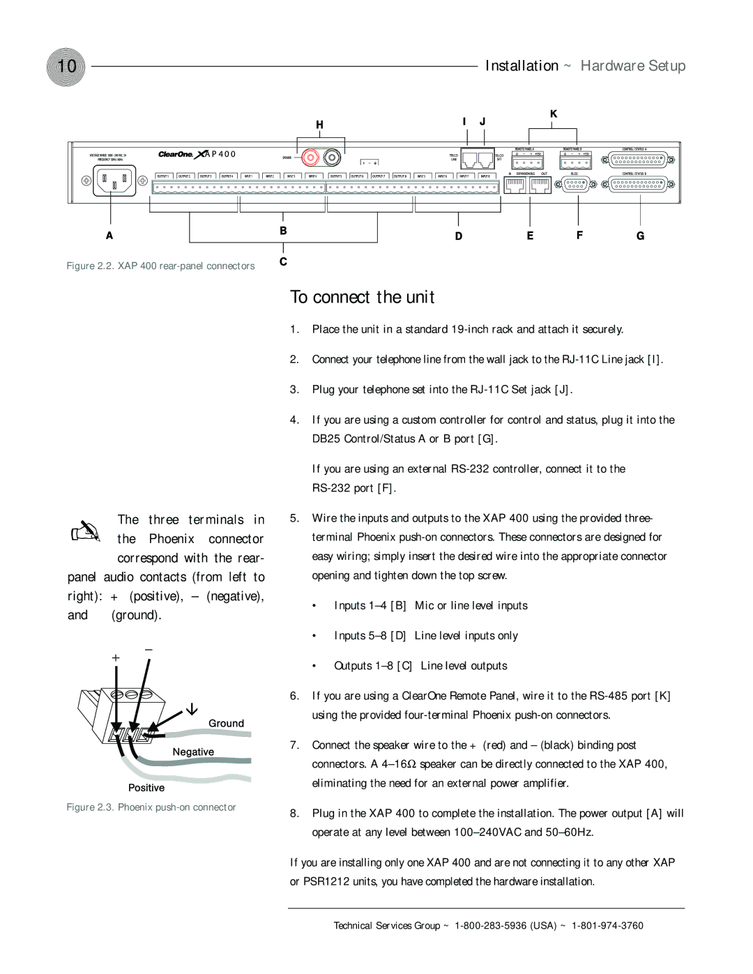 ClearOne comm XAP 400 operation manual To connect the unit, Installation ~ Hardware Setup 