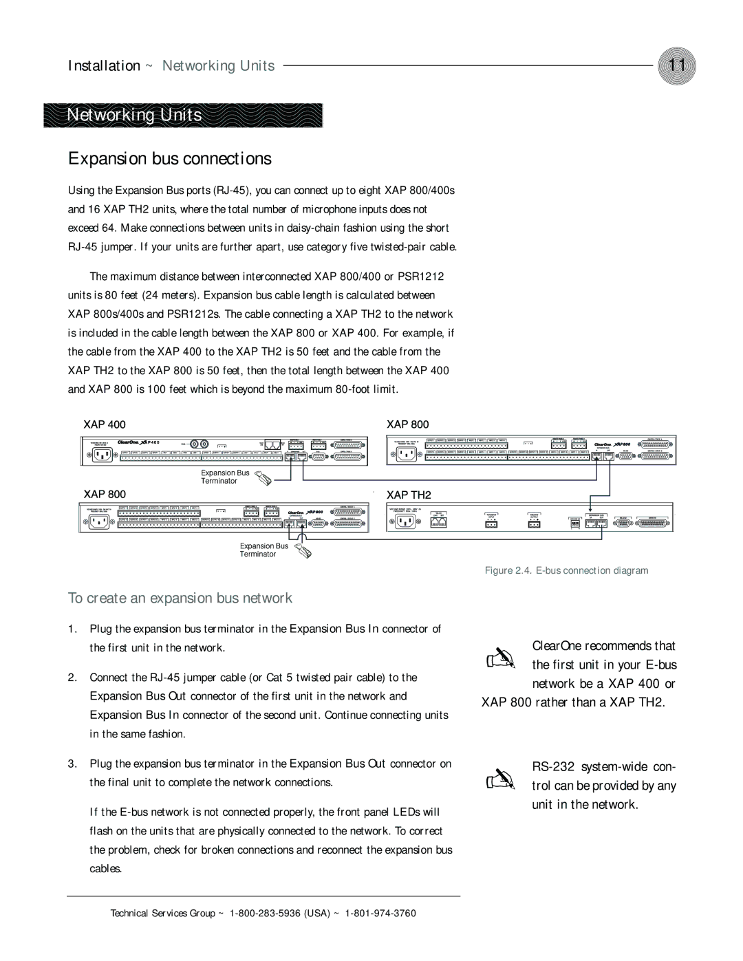 ClearOne comm XAP 400 Expansion bus connections, Installation ~ Networking Units, To create an expansion bus network 