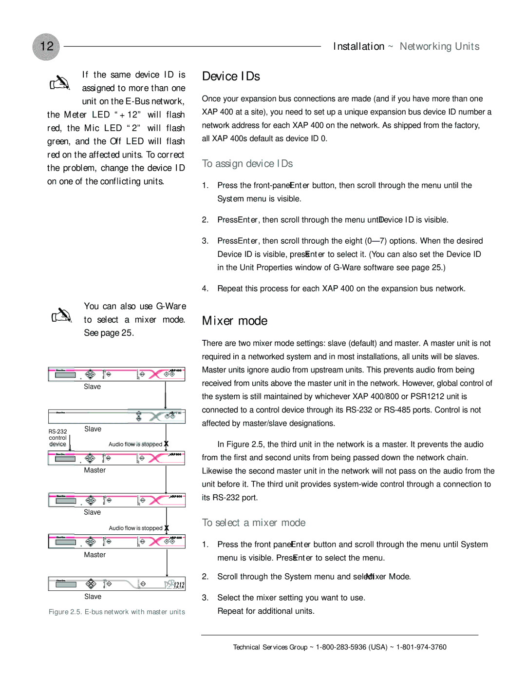 ClearOne comm XAP 400 Device IDs, Mixer mode, To assign device IDs, To select a mixer mode, You can also use G-Ware 