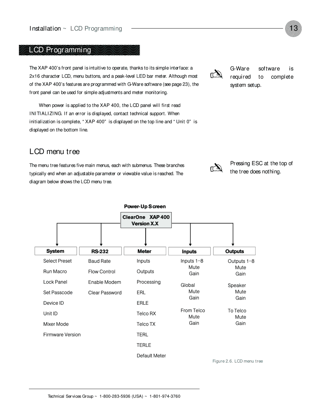 ClearOne comm XAP 400 LCD menu tree, Installation ~ LCD Programming, Pressing ESC at the top of the tree does nothing 