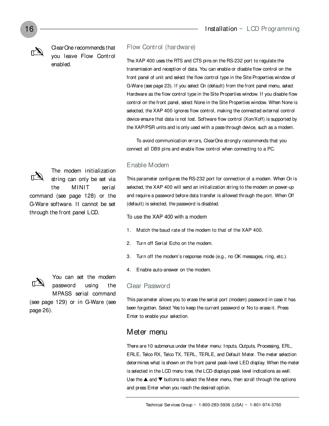 ClearOne comm XAP 400 Meter menu, Installation ~ LCD Programming Flow Control hardware, Enable Modem, Clear Password 