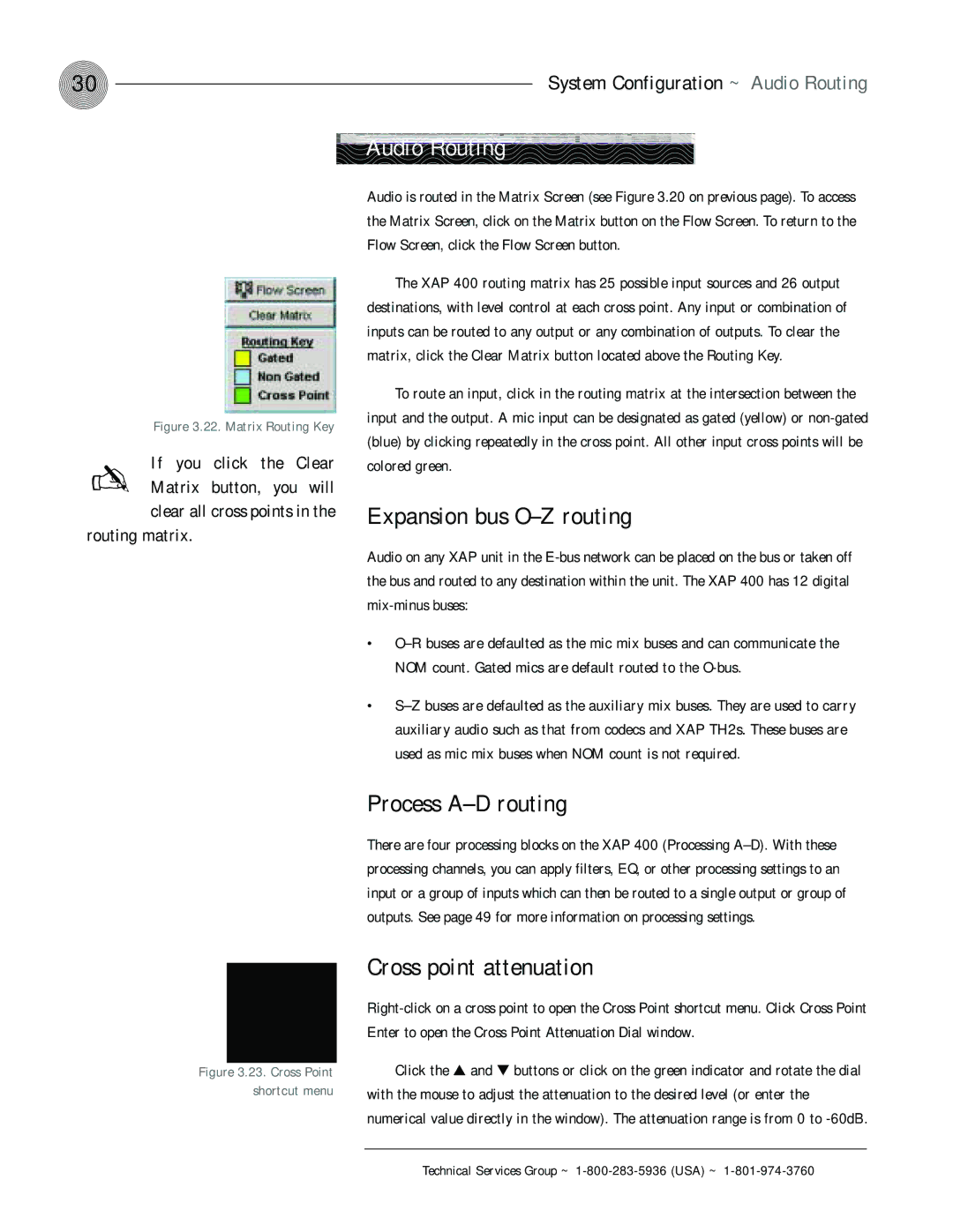 ClearOne comm XAP 400 Audio Routing, Expansion bus O-Z routing, Process A-D routing, Cross point attenuation 