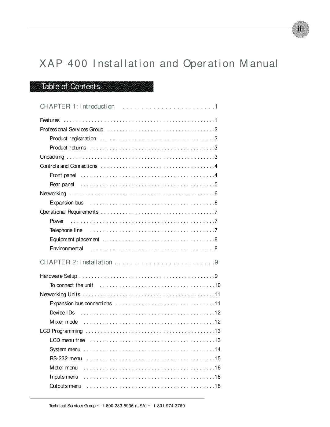 ClearOne comm XAP 400 operation manual Iii, Table of Contents 