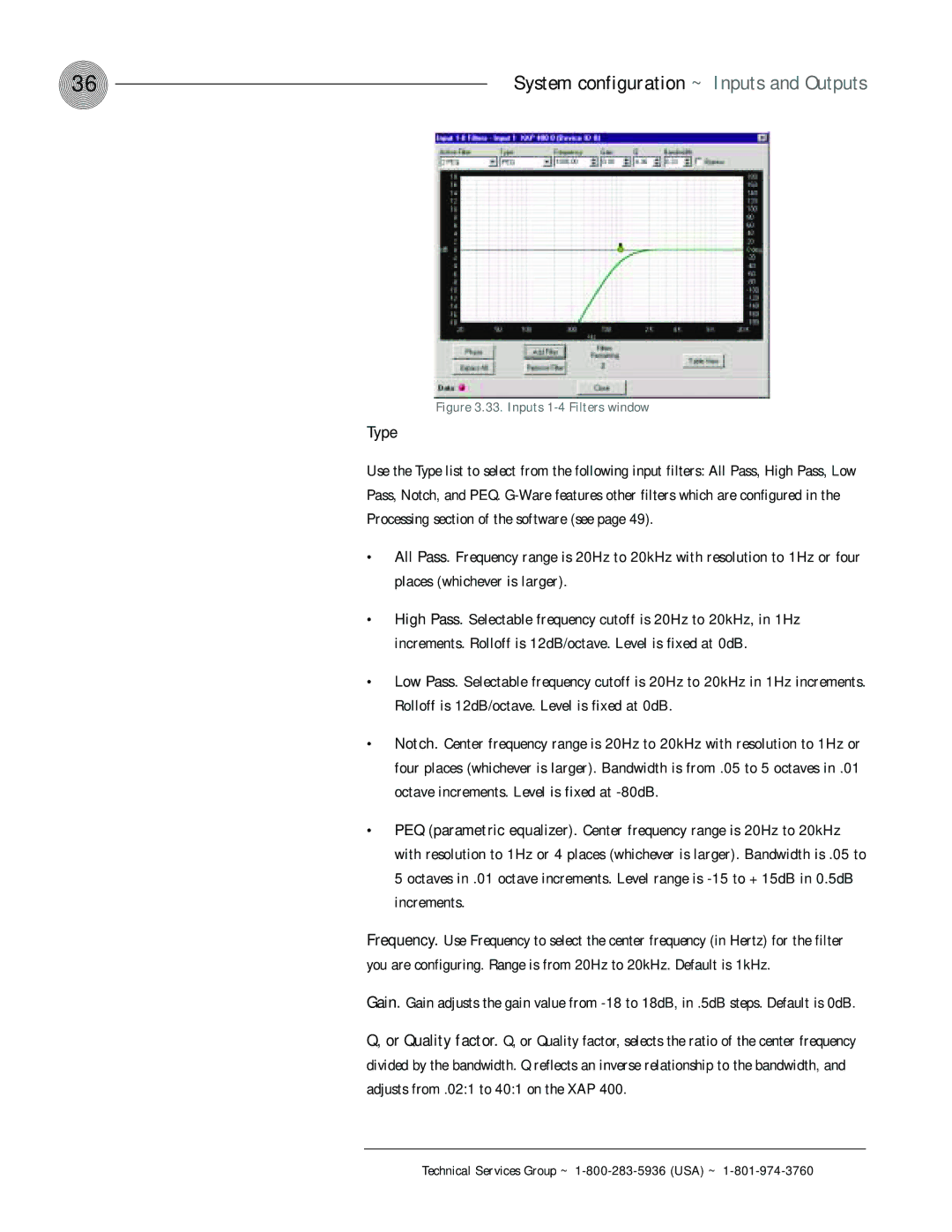 ClearOne comm XAP 400 operation manual Type, Inputs 1-4 Filters window 