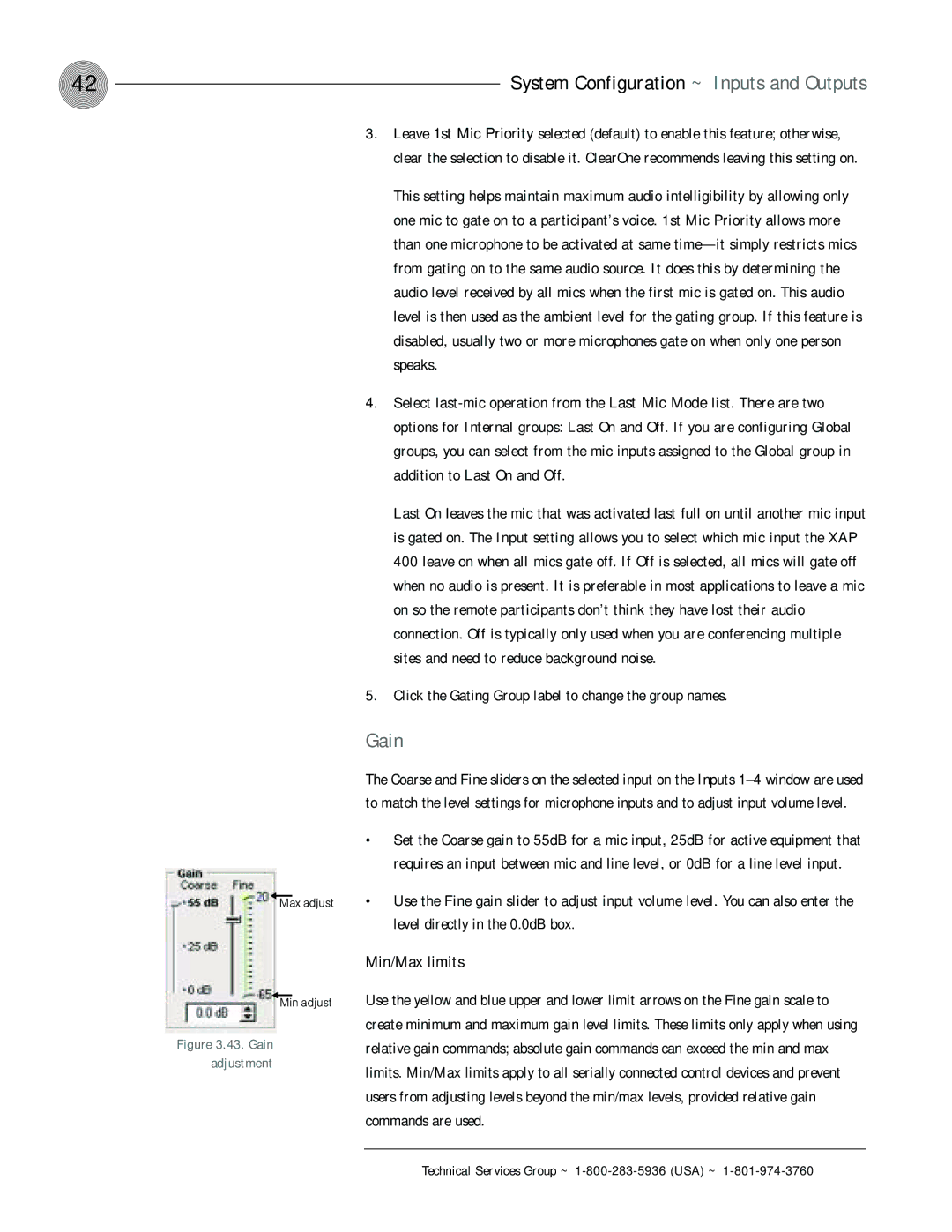 ClearOne comm XAP 400 operation manual Click the Gating Group label to change the group names, Min/Max limits 