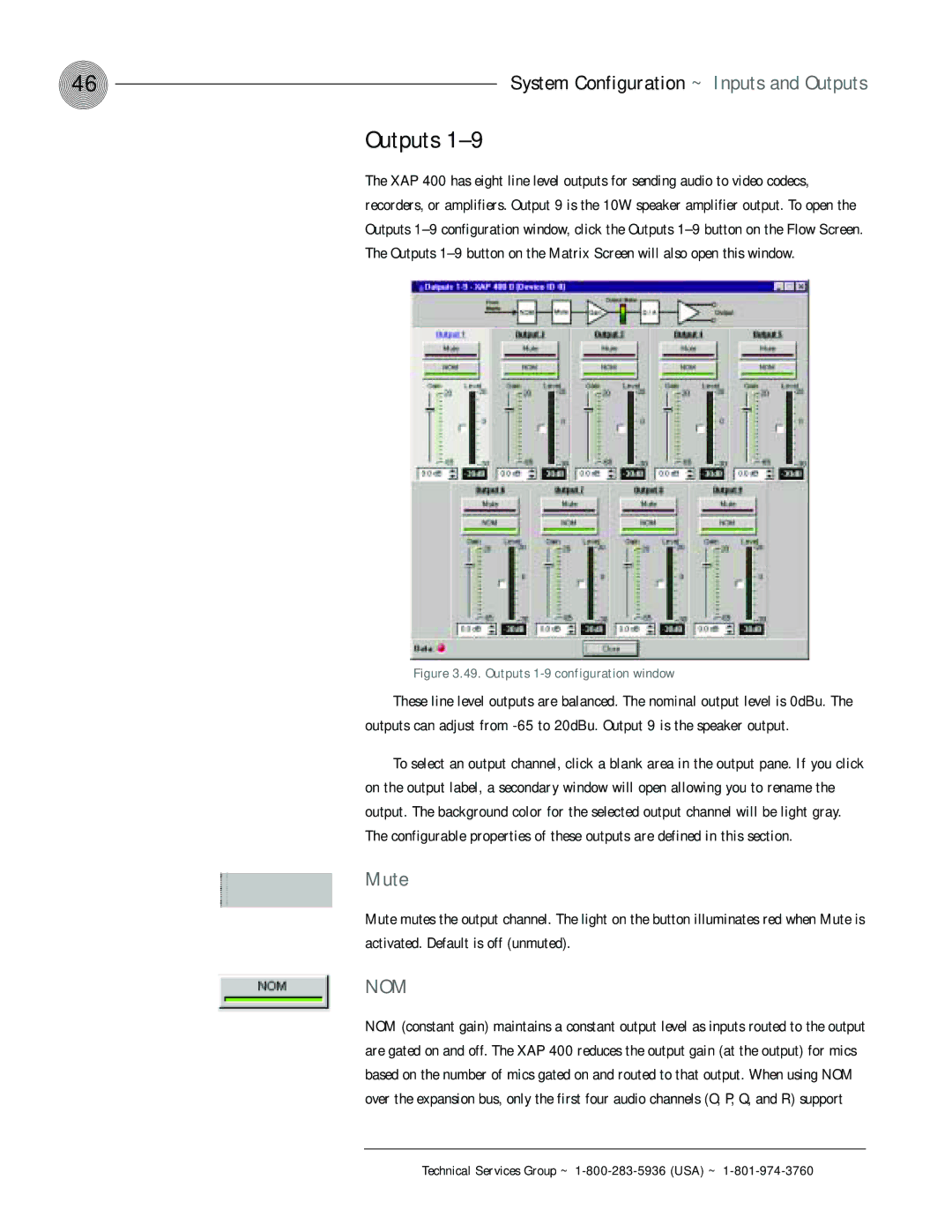 ClearOne comm XAP 400 operation manual Outputs, Nom 