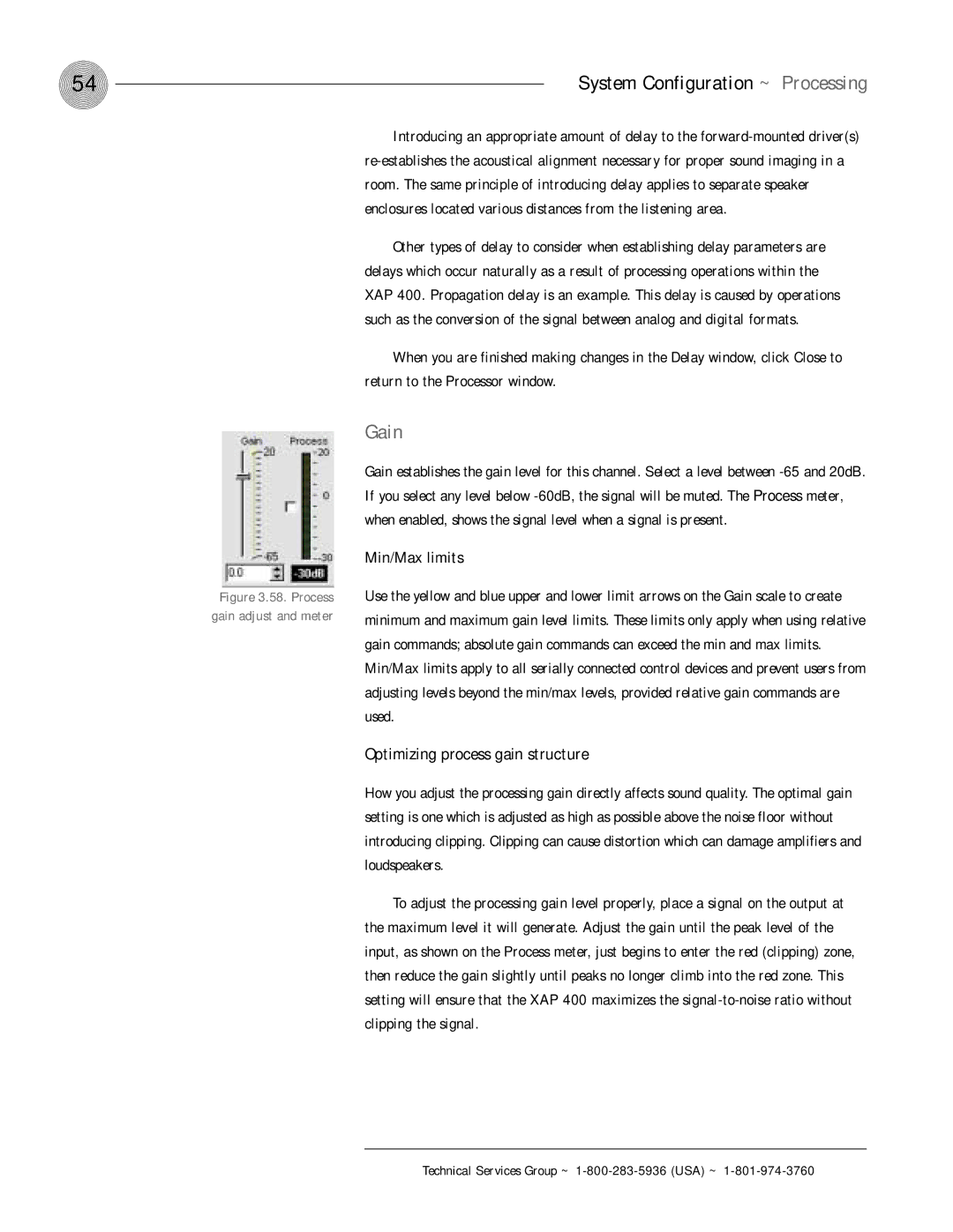 ClearOne comm XAP 400 operation manual Optimizing process gain structure, Process Gain adjust and meter 