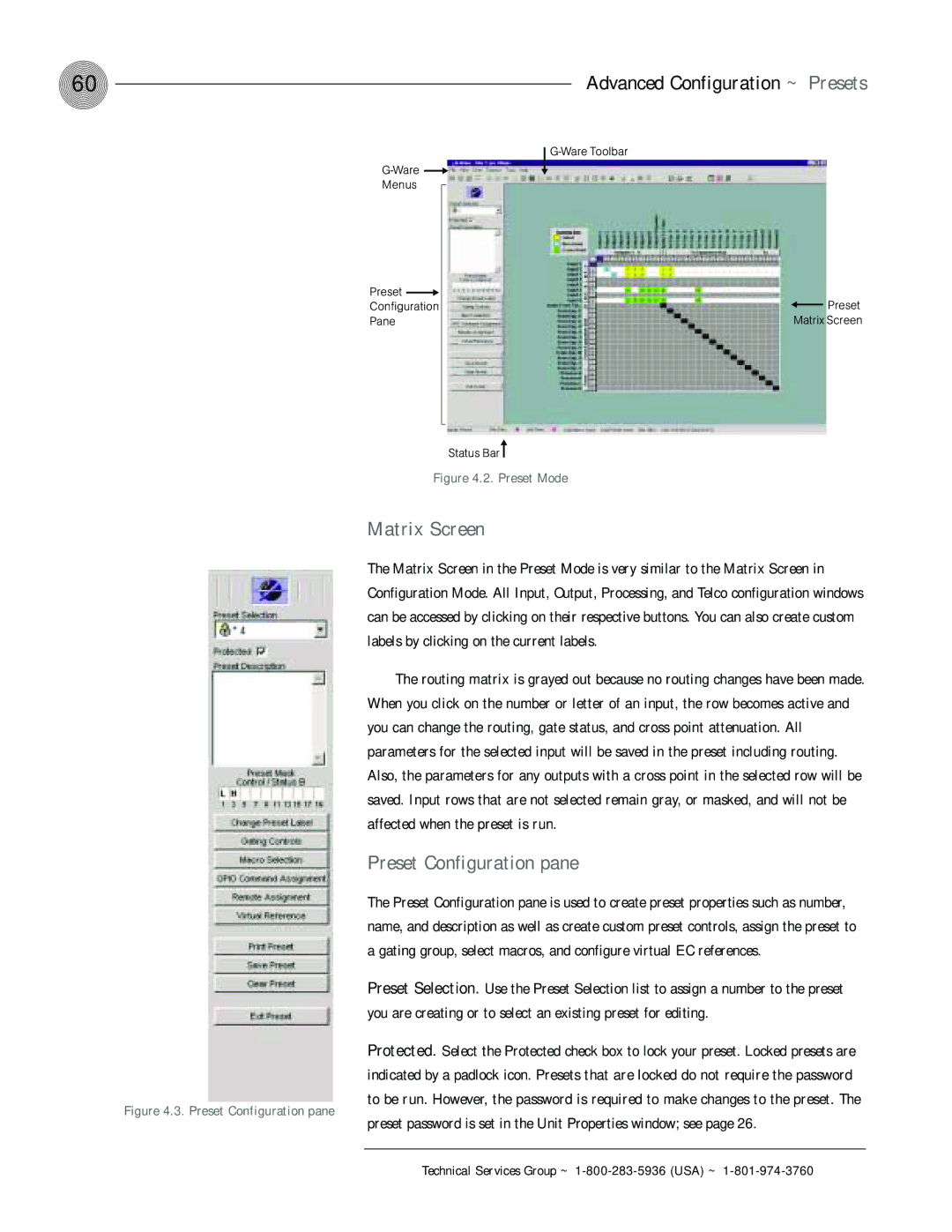 ClearOne comm XAP 400 Matrix Screen, Preset Configuration pane, Preset password is set in the Unit Properties window see 