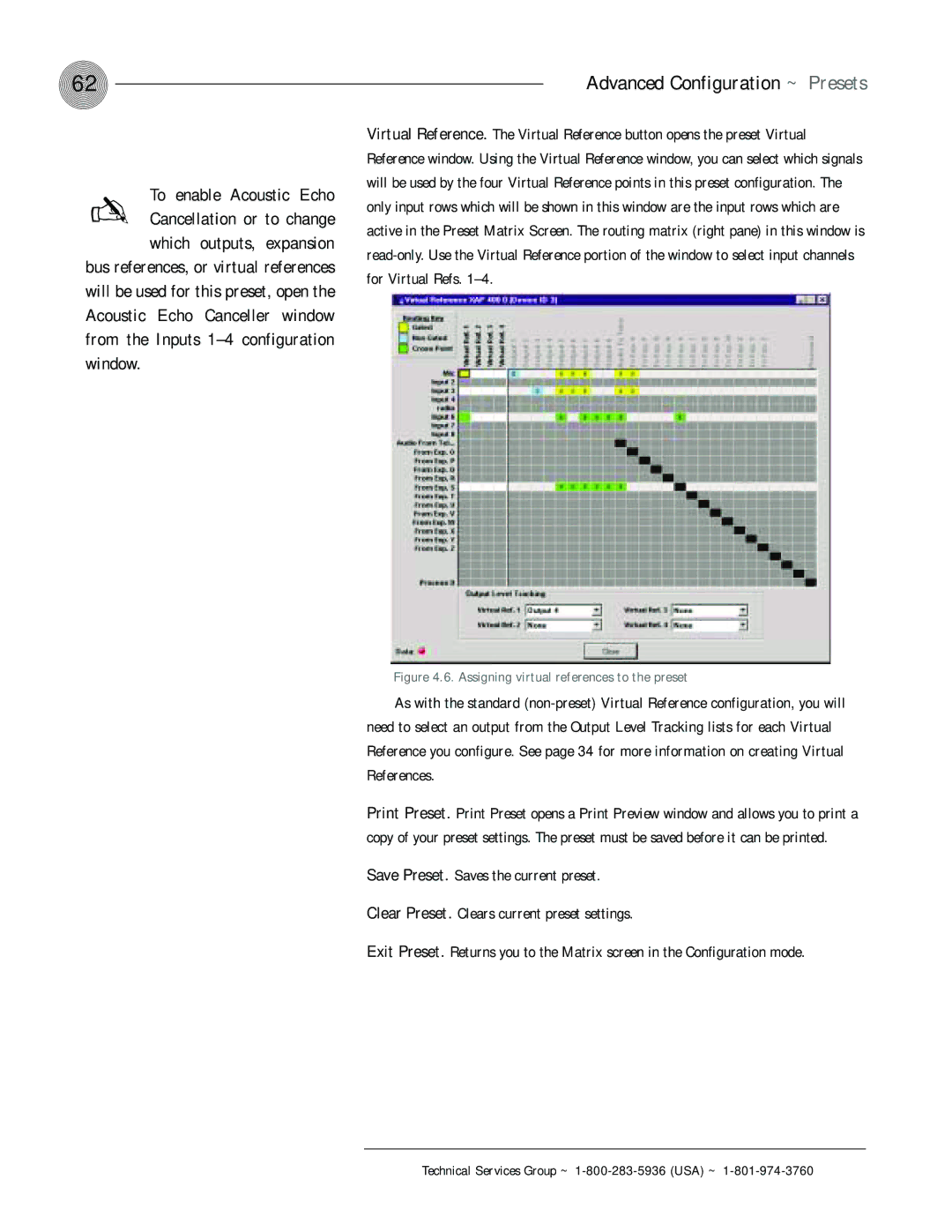 ClearOne comm XAP 400 operation manual To enable Acoustic Echo, Assigning virtual references to the preset 