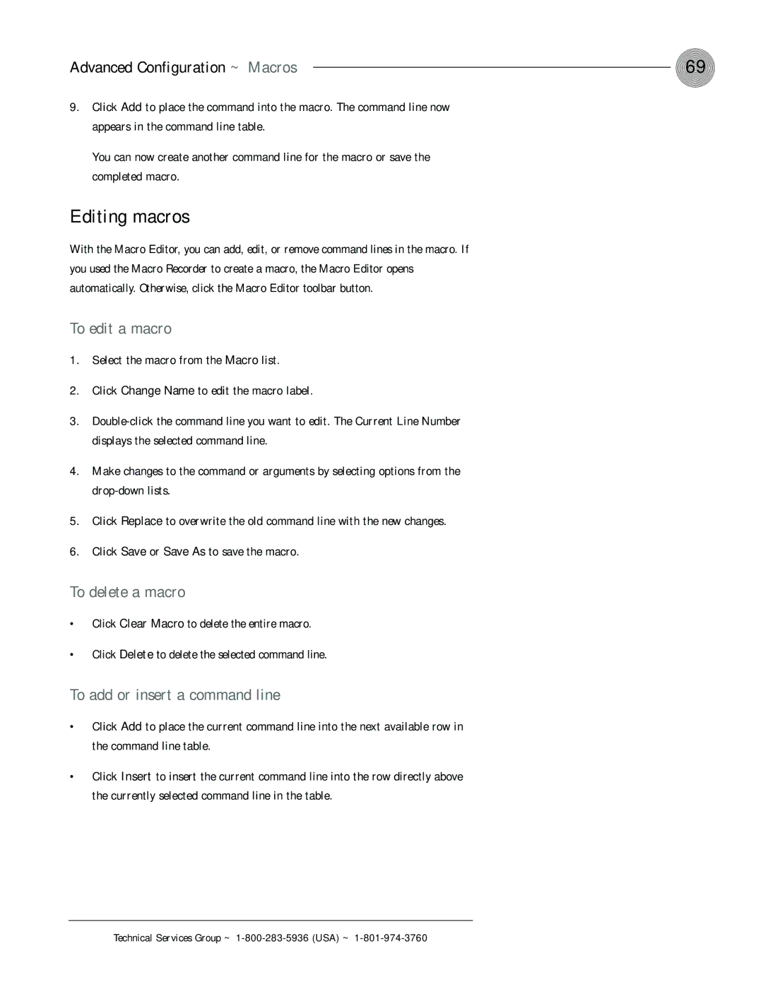 ClearOne comm XAP 400 operation manual Editing macros, To edit a macro, To delete a macro, To add or insert a command line 