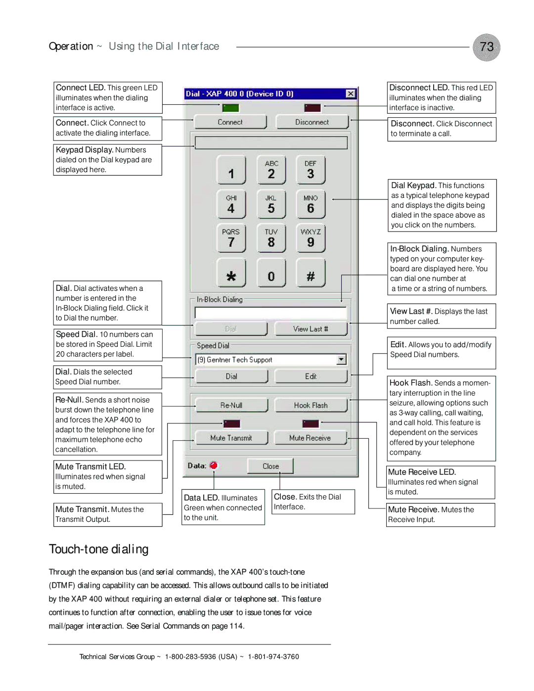 ClearOne comm XAP 400 operation manual Touch-tone dialing, Operation ~ Using the Dial Interface 