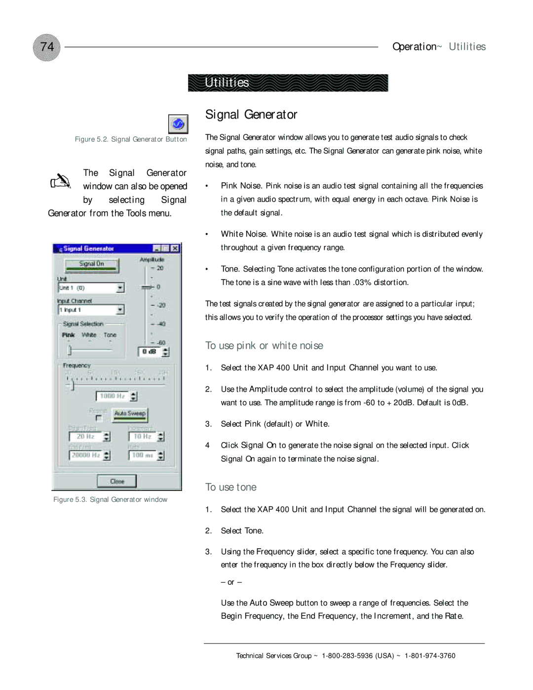 ClearOne comm XAP 400 operation manual Signal Generator, Operation~ Utilities, To use pink or white noise, To use tone 