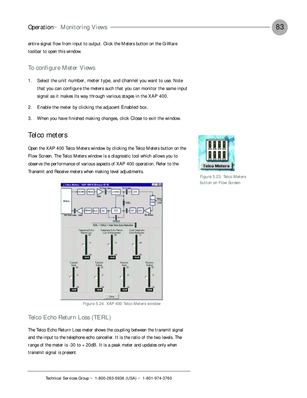 ClearOne comm XAP 400 Telco meters, Operation~ Monitoring Views, To configure Meter Views, Telco Echo Return Loss Terl 