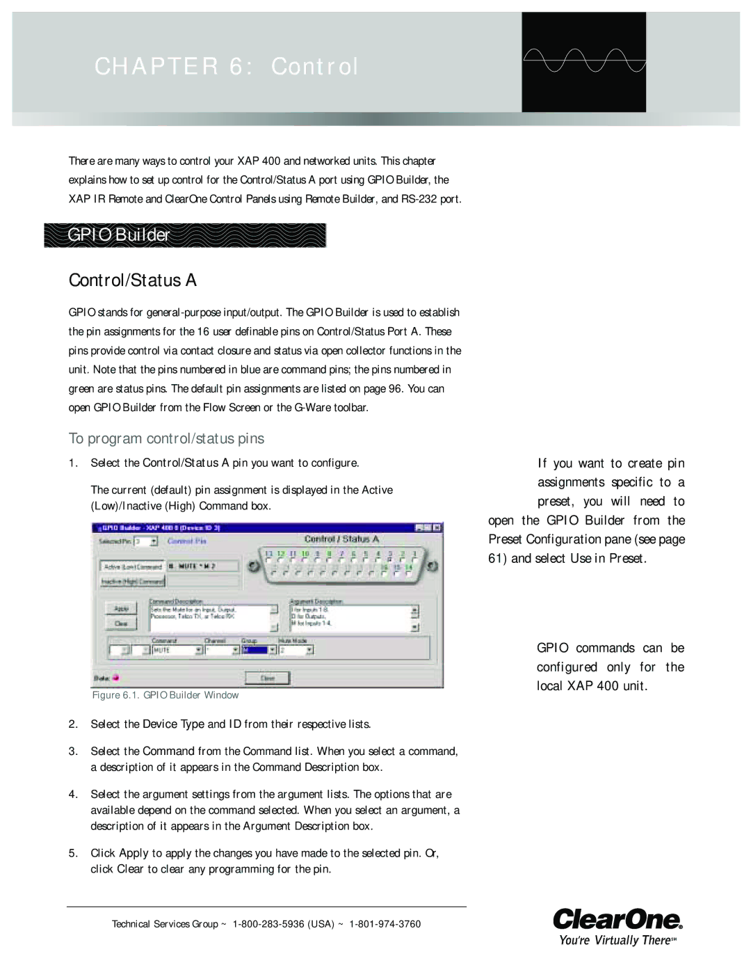 ClearOne comm XAP 400 operation manual Gpio Builder, Control/Status a, To program control/status pins 