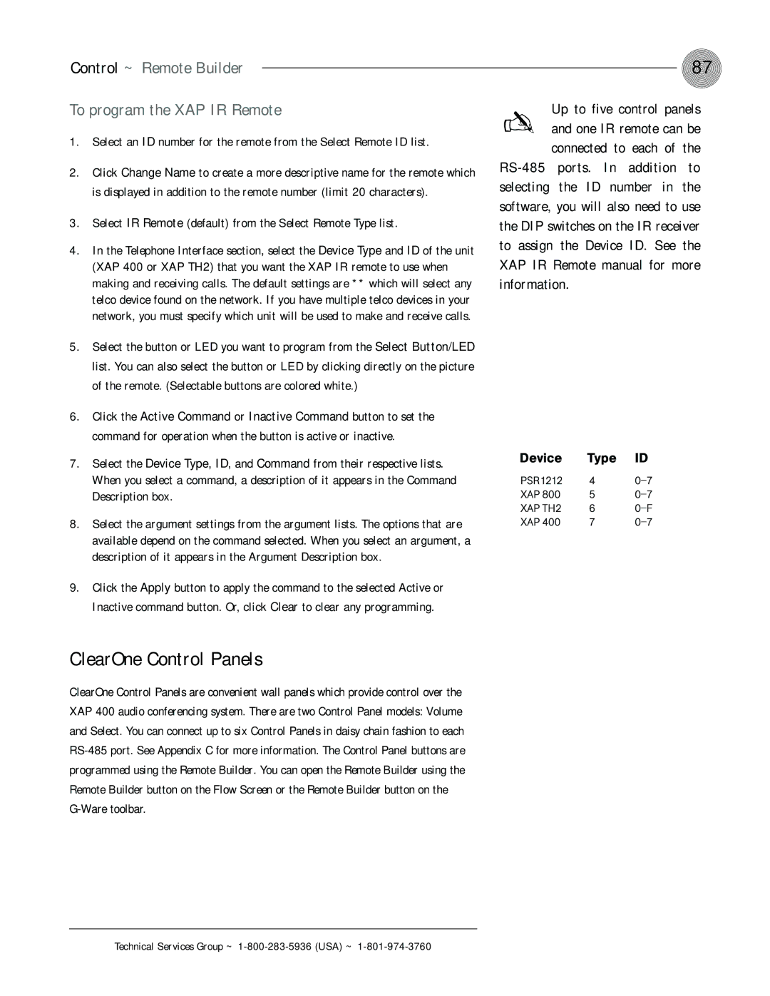 ClearOne comm XAP 400 operation manual ClearOne Control Panels, Control ~ Remote Builder To program the XAP IR Remote 