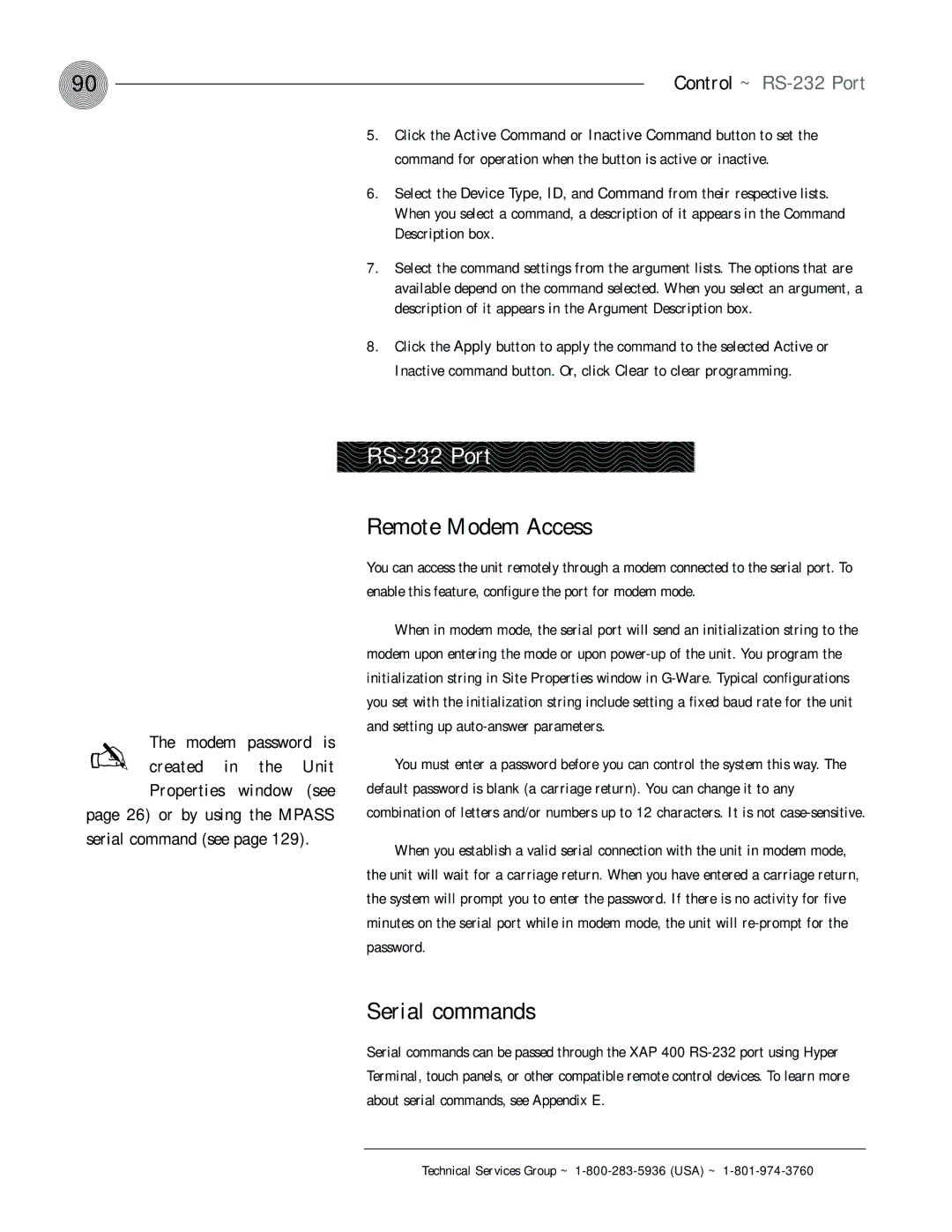 ClearOne comm XAP 400 operation manual RS-232 Port, Remote Modem Access, Serial commands 