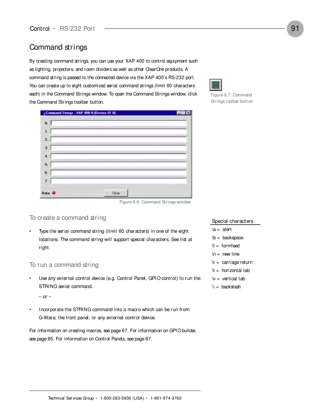 ClearOne comm XAP 400 Command strings, Control ~ RS-232 Port, To create a command string, To run a command string 