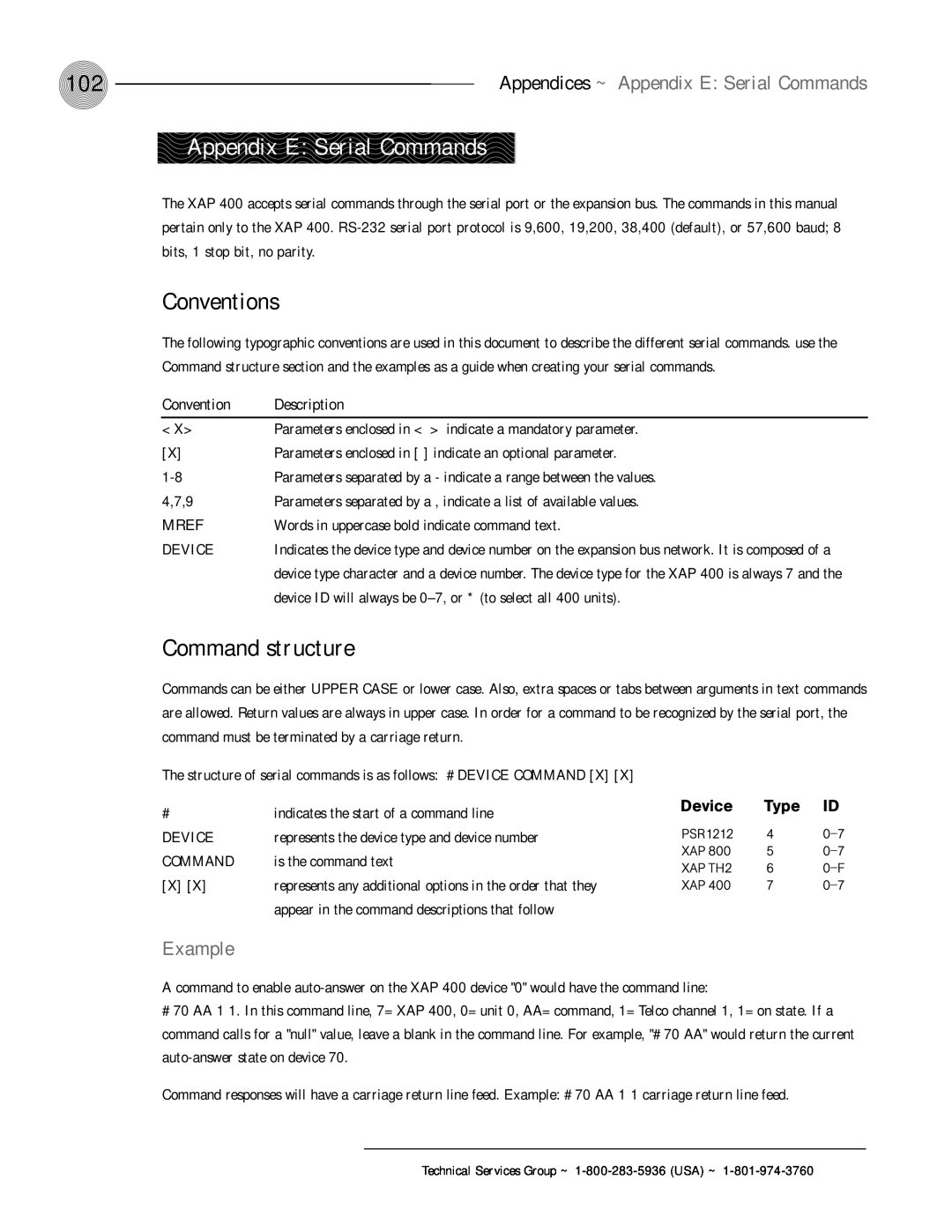 ClearOne comm XAP 400 Appendix E: Serial Commands, Conventions, Command structure, Example, Convention Description, Mref 