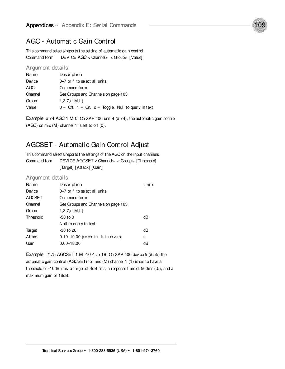 ClearOne comm XAP 400 AGC - Automatic Gain Control, AGCSET - Automatic Gain Control Adjust, Argument details, Name 