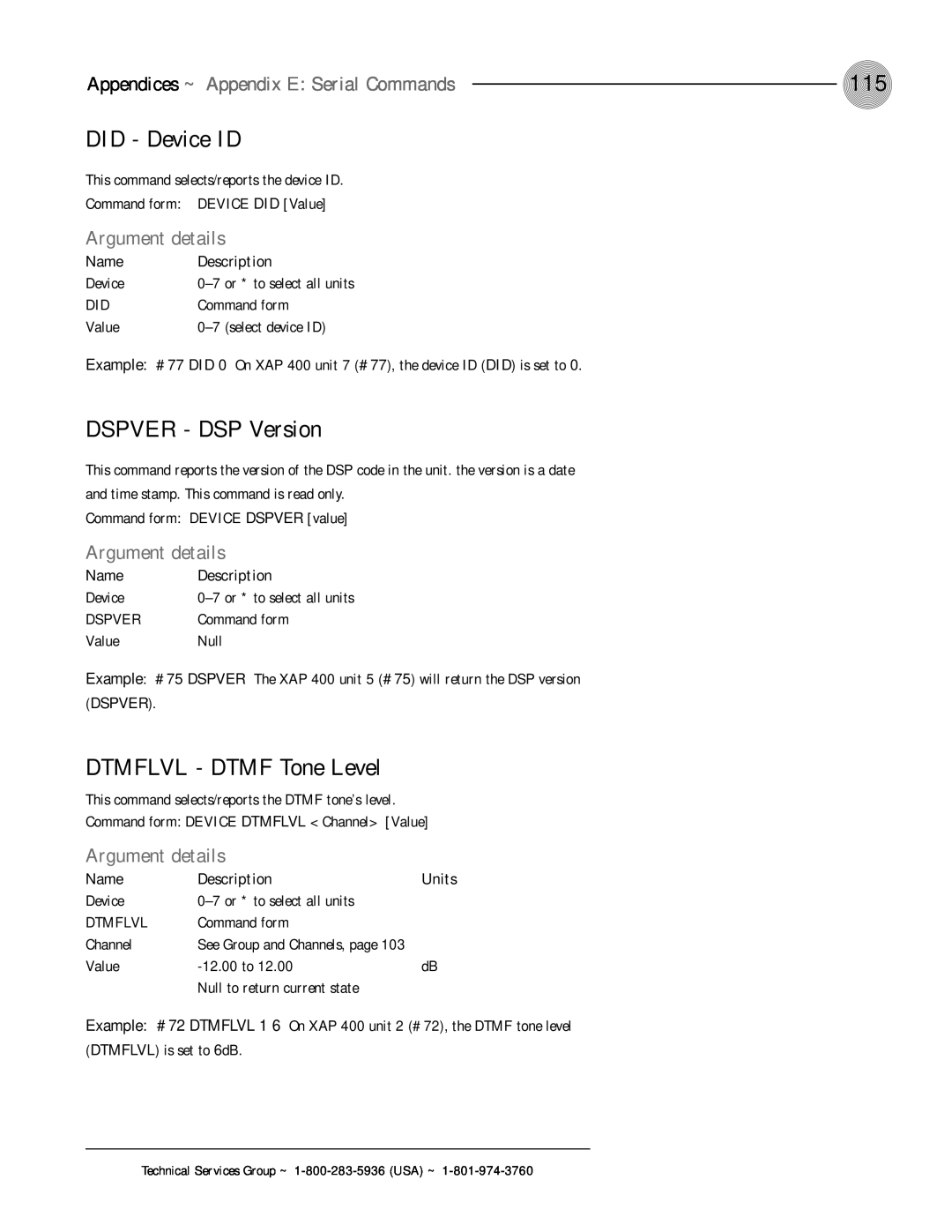 ClearOne comm XAP 400 DID - Device ID, DSPVER - DSP Version, DTMFLVL - DTMF Tone Level, Argument details, Name, Dspver 
