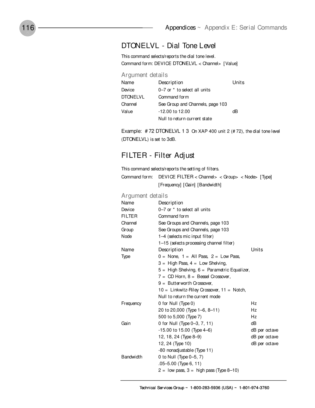 ClearOne comm XAP 400 DTONELVL - Dial Tone Level, FILTER - Filter Adjust, Argument details, Name, Description, Units 