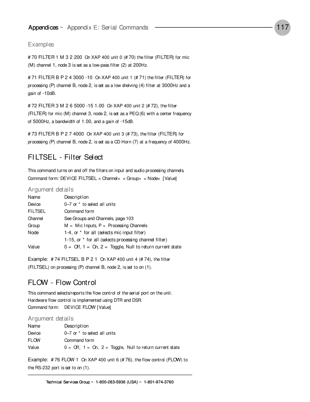 ClearOne comm XAP 400 FILTSEL - Filter Select, FLOW - Flow Control, Examples, Appendices ~ Appendix E: Serial Commands 