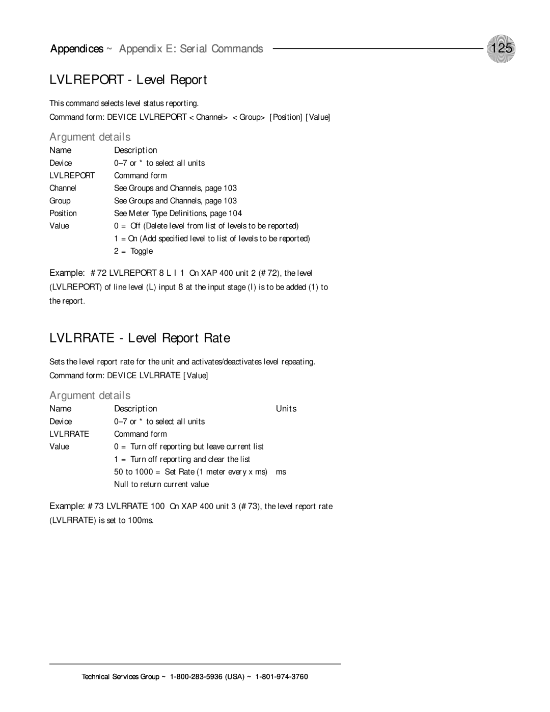 ClearOne comm XAP 400 LVLREPORT - Level Report, LVLRRATE - Level Report Rate, Appendices ~ Appendix E: Serial Commands 