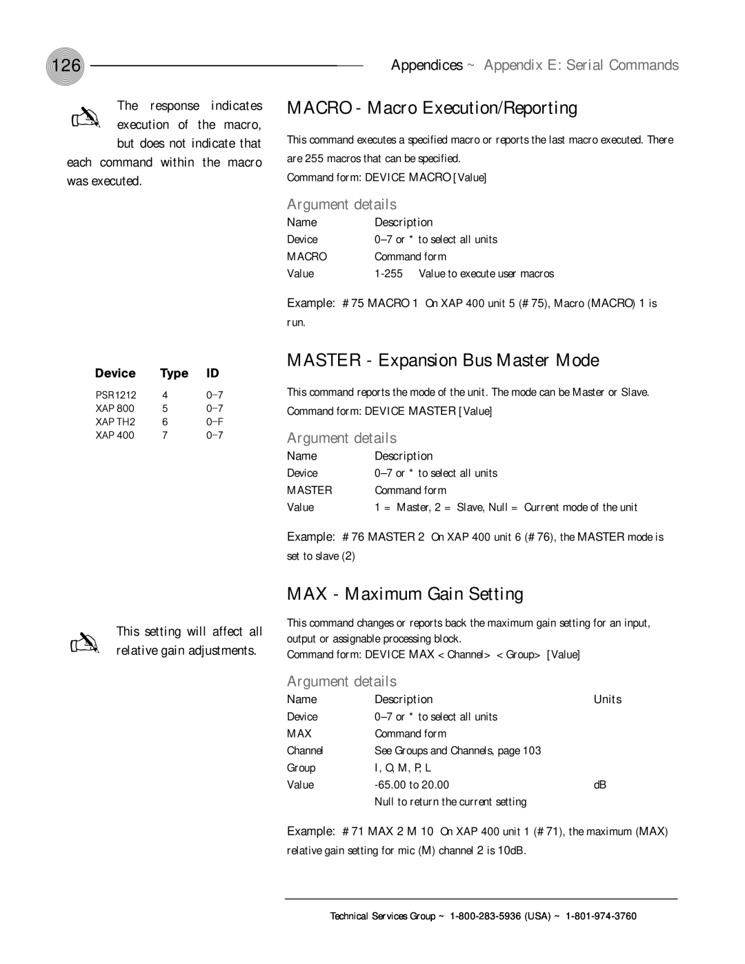 ClearOne comm XAP 400 MACRO - Macro Execution/Reporting, MASTER - Expansion Bus Master Mode, MAX - Maximum Gain Setting 