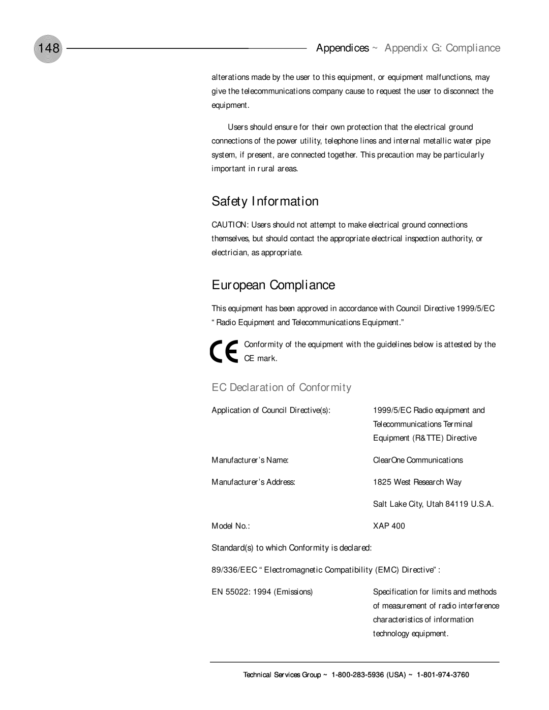 ClearOne comm XAP 400 operation manual Safety Information, European Compliance, EC Declaration of Conformity 