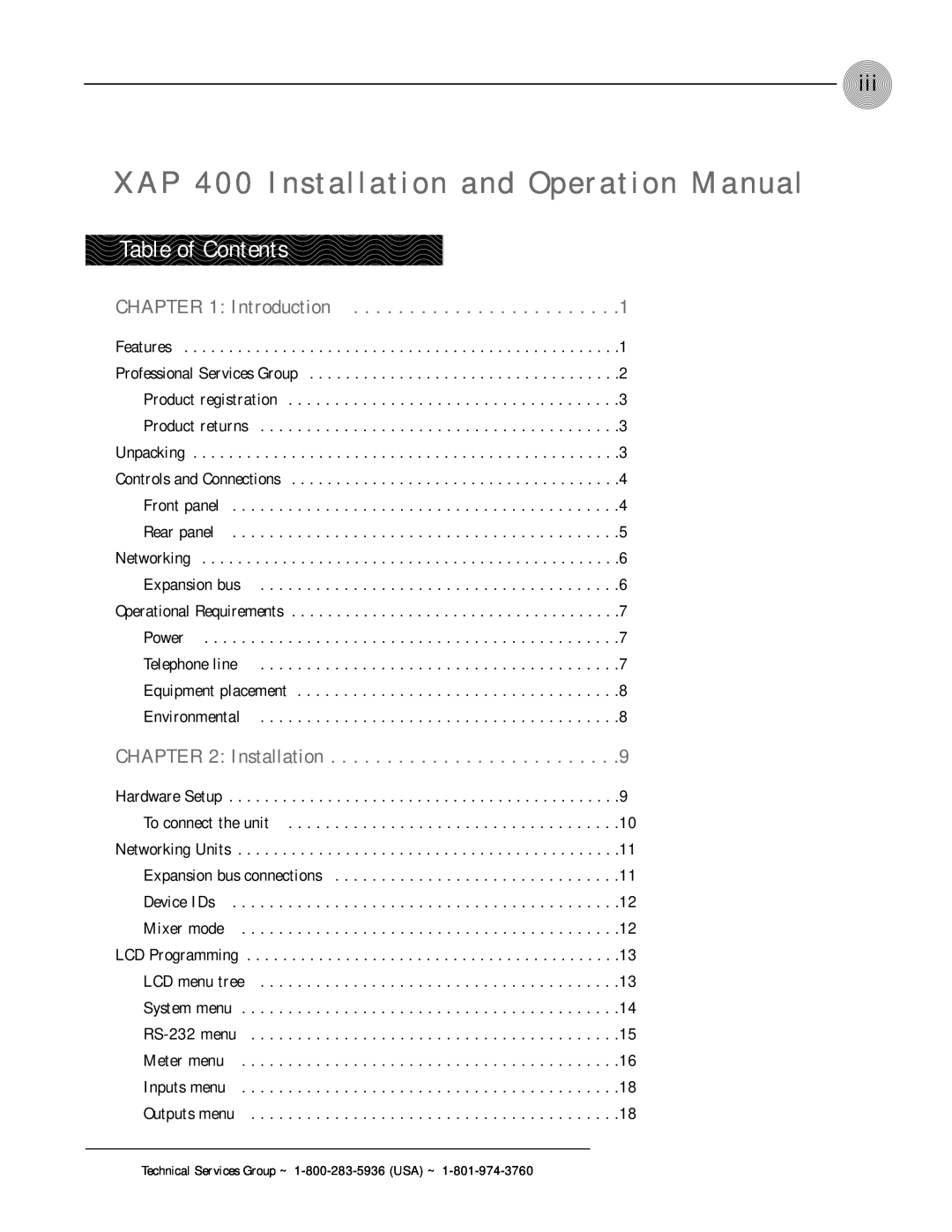ClearOne comm operation manual Table of Contents, Introduction, XAP 400 Installation and Operation Manual 