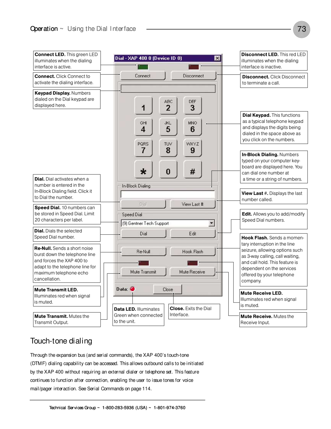 ClearOne comm XAP 400 operation manual Touch-tonedialing, Operation ~ Using the Dial Interface 