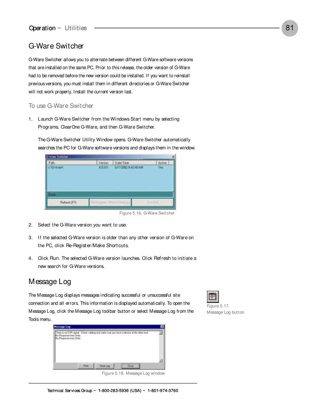 ClearOne comm XAP 400 operation manual Message Log, To use G-WareSwitcher, Operation ~ Utilities 