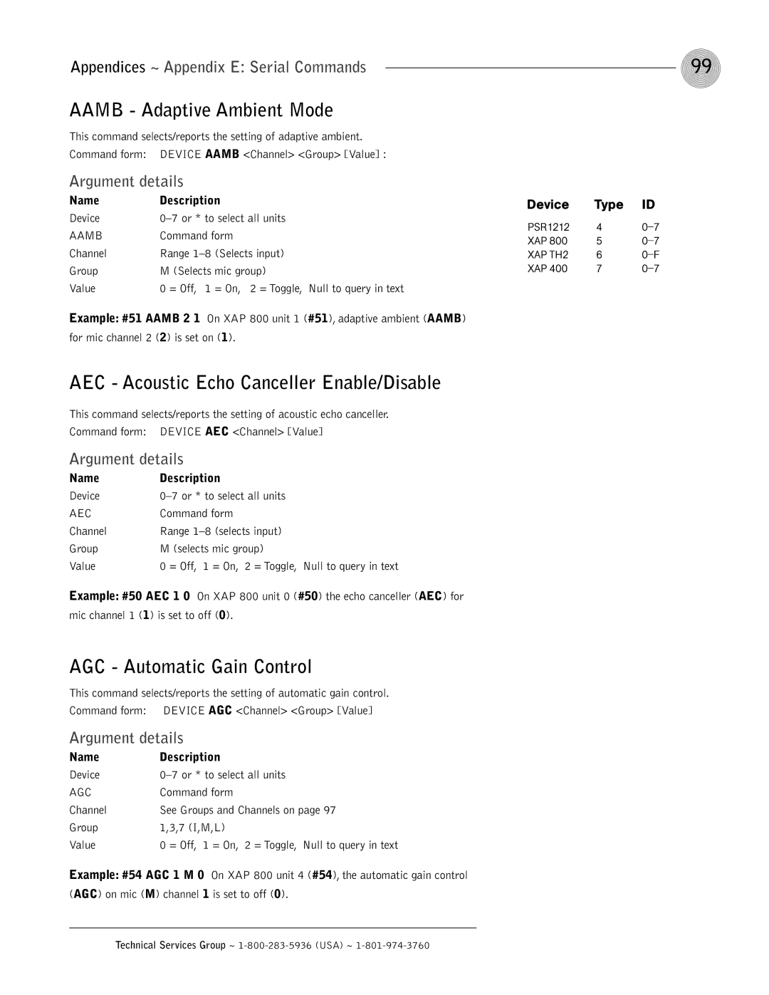 ClearOne comm XAP 800 Aamb Adaptive Ambient Mode, AEC Acoustic Echo Canceller Enable/Disable, AGC Automatic Gain Control 