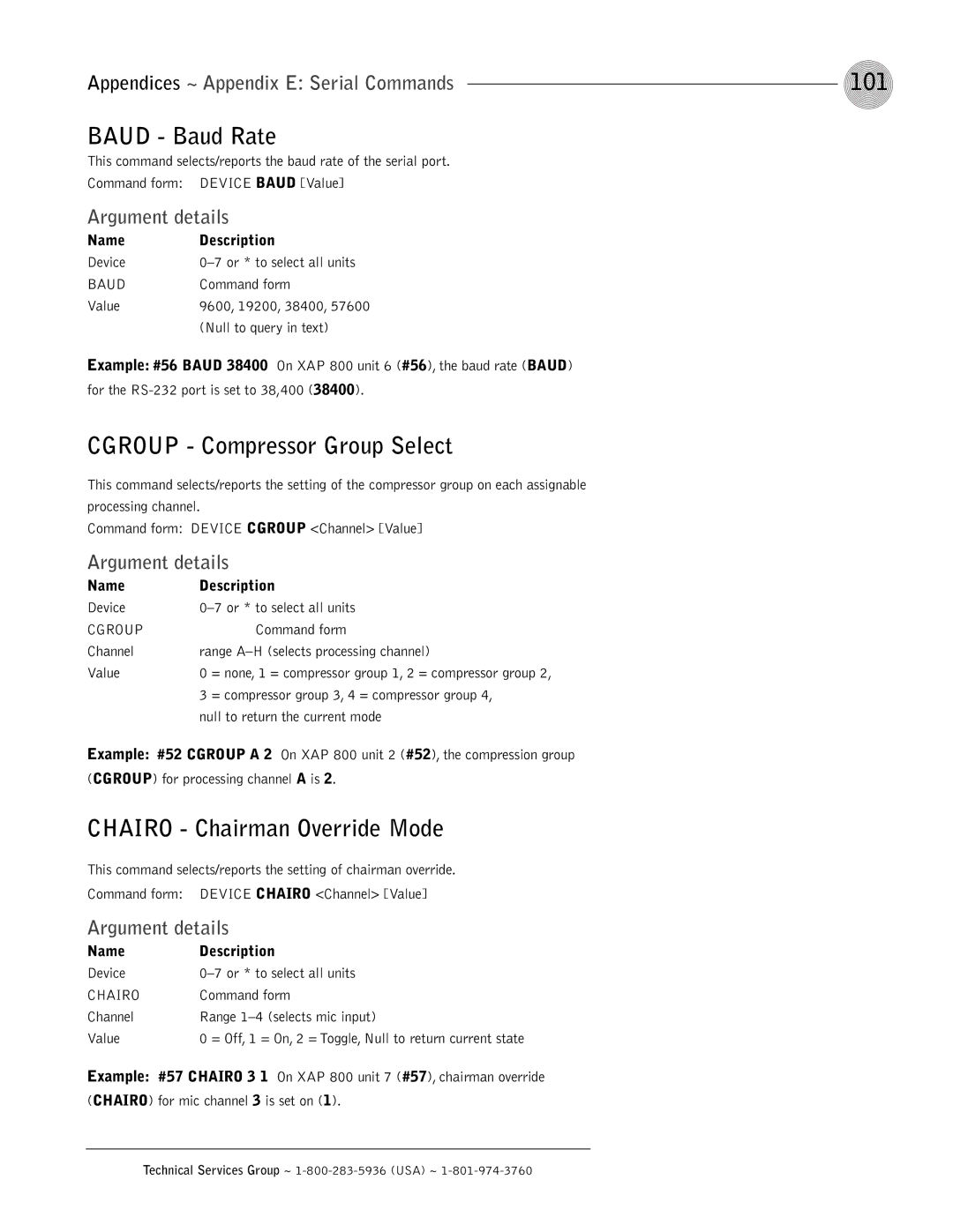 ClearOne comm XAP 800 operation manual 101, Baud Baud Rate, Cgroup Compressor Group Select, Chairo Chairman Override Mode 