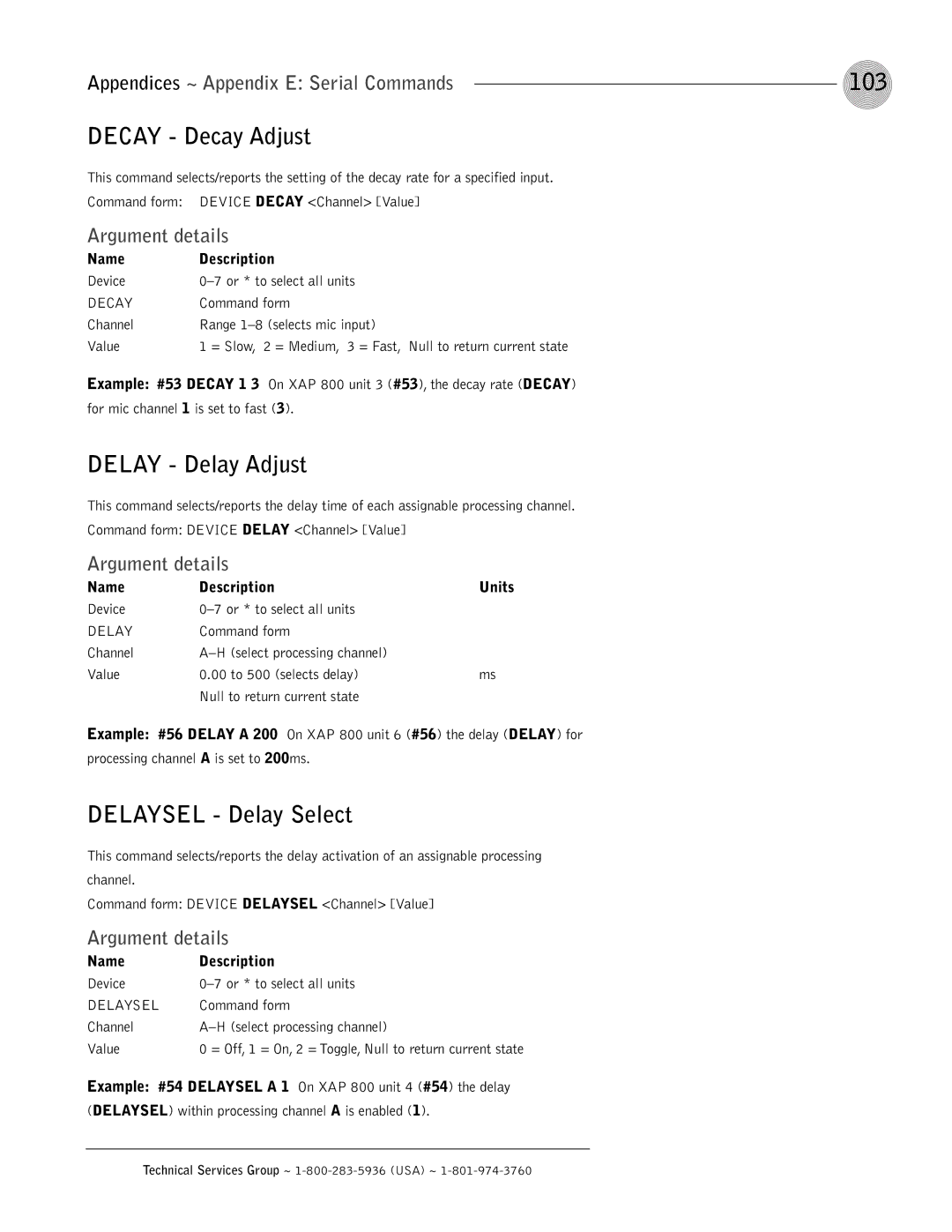 ClearOne comm XAP 800 operation manual 103, Decay Decay Adjust, Delay Delay Adjust, Delaysel Delay Select 