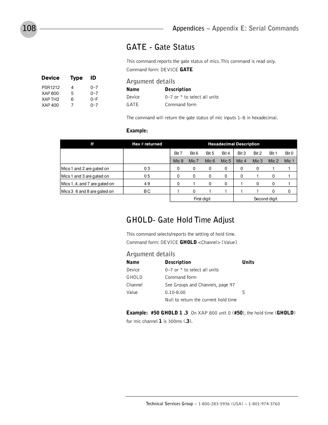 ClearOne comm XAP 800 operation manual 108, Gate Gate Status, GHOLD- Gate Hold Time Adjust, Example 