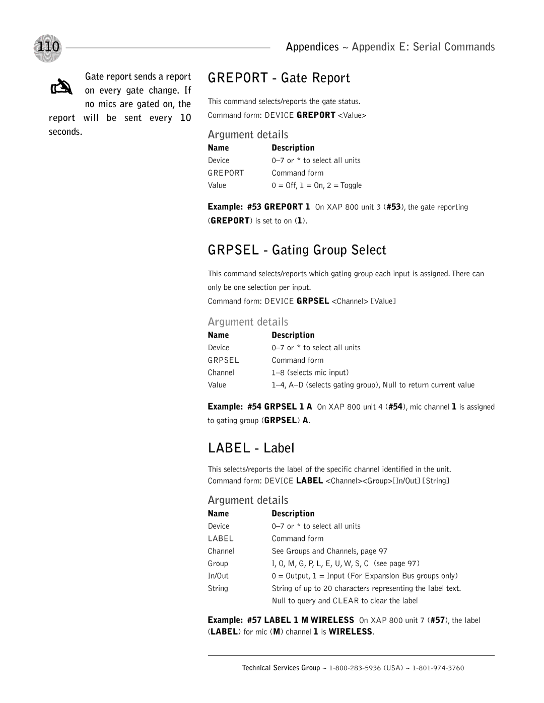 ClearOne comm XAP 800 operation manual 110, Greport Gate Report, Grpsel Gating Group Select, Label Label 