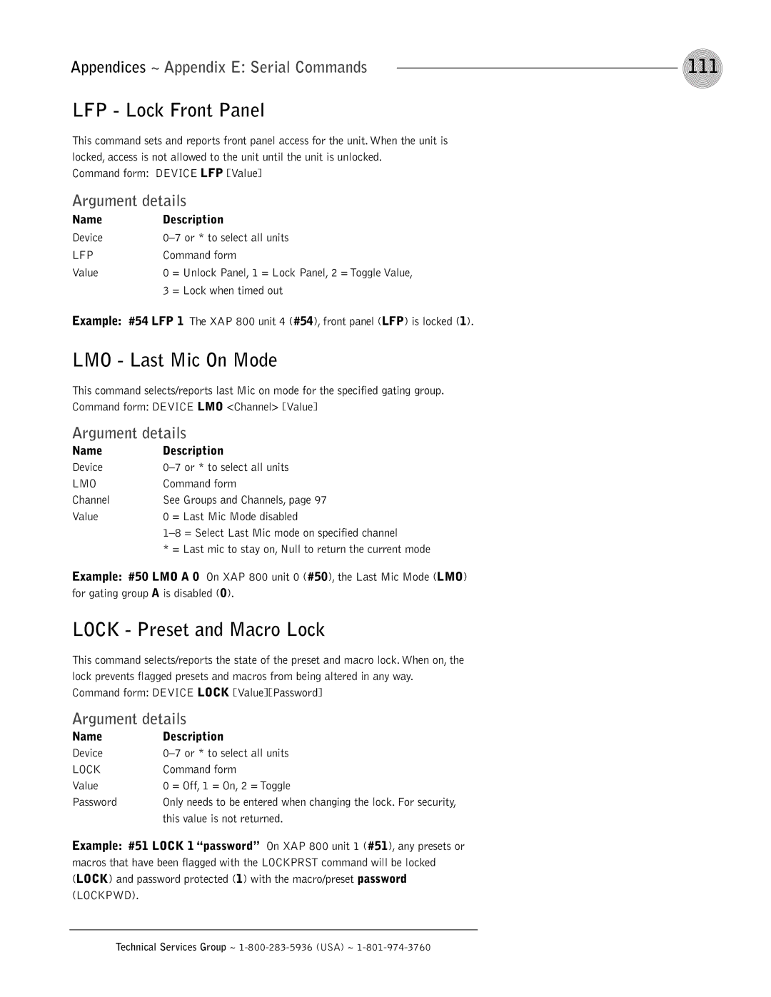 ClearOne comm XAP 800 operation manual 111, LFP Lock Front Panel, LMO Last Mic On Mode, Lock Preset and Macro Lock 