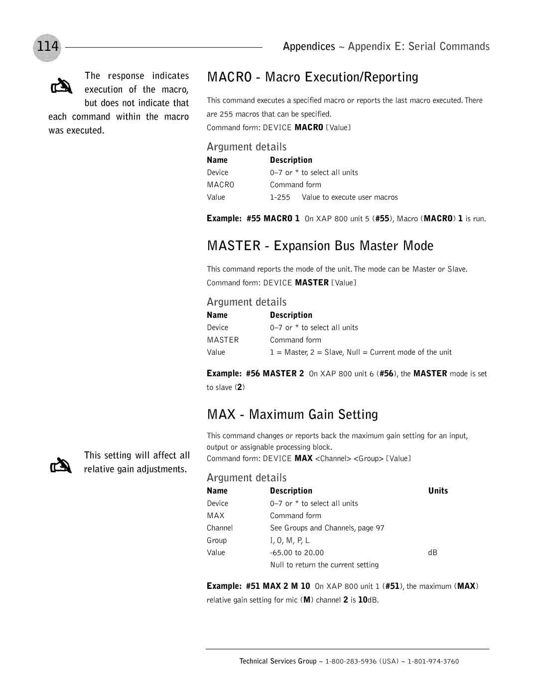 ClearOne comm XAP 800 114, Macro Macro Execution/Reporting, Master Expansion Bus Master Mode, MAX Maximum Gain Setting 