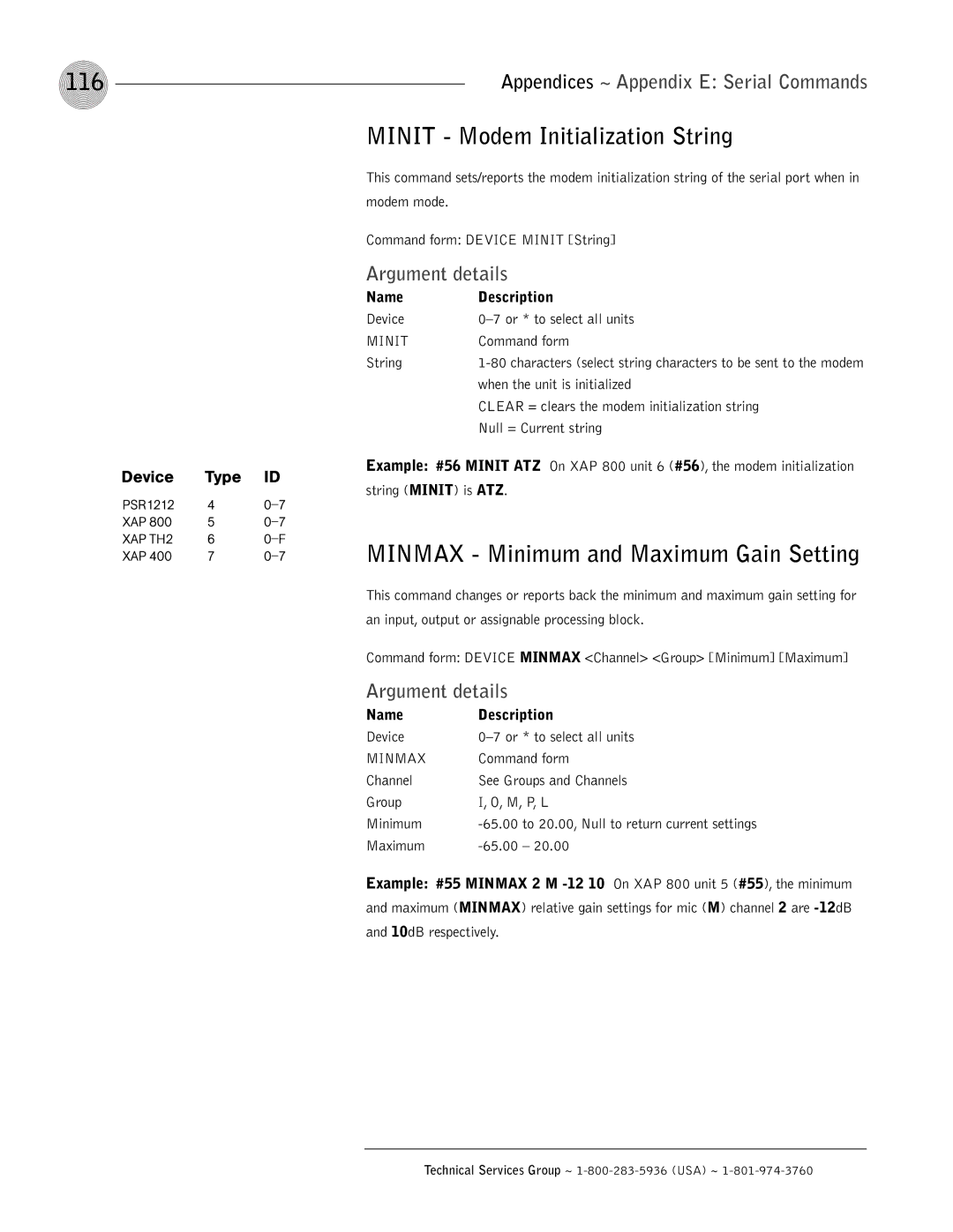 ClearOne comm XAP 800 operation manual 116, Minit Modem Initialization String, Minmax Minimum and Maximum Gain Setting 