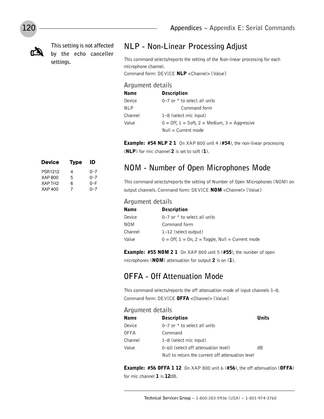 ClearOne comm XAP 800 operation manual 120, NLP Non-Linear Processing Adjust, NOM Number of Open Microphones Mode 