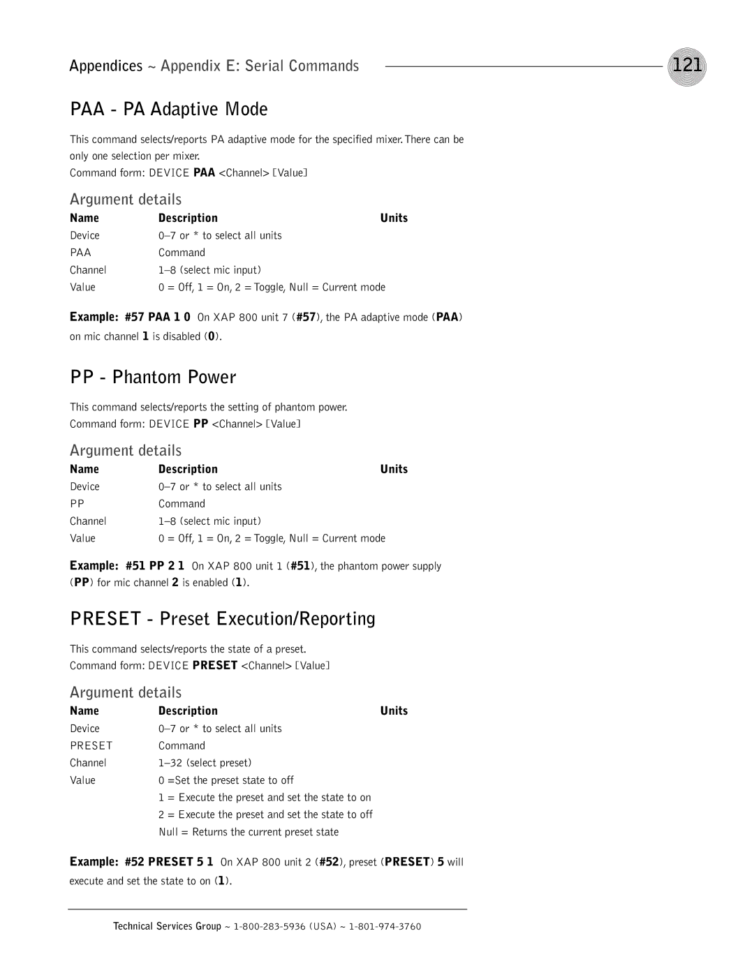 ClearOne comm XAP 800 operation manual 121, PAA PA Adaptive Mode, PP Phantom Power, Preset Preset Execution/Reporting 