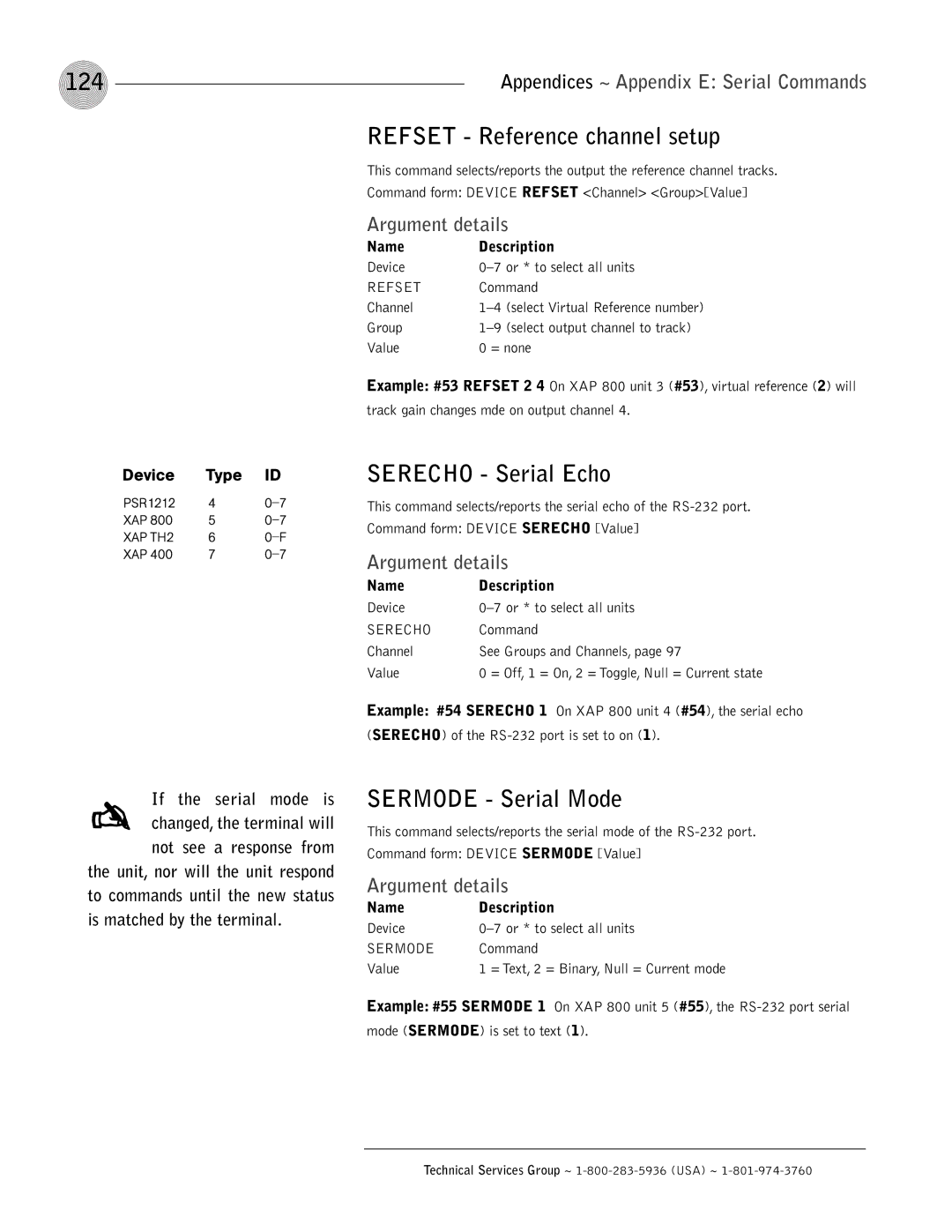 ClearOne comm XAP 800 operation manual 124, Refset Reference channel setup, Serecho Serial Echo, Sermode Serial Mode 