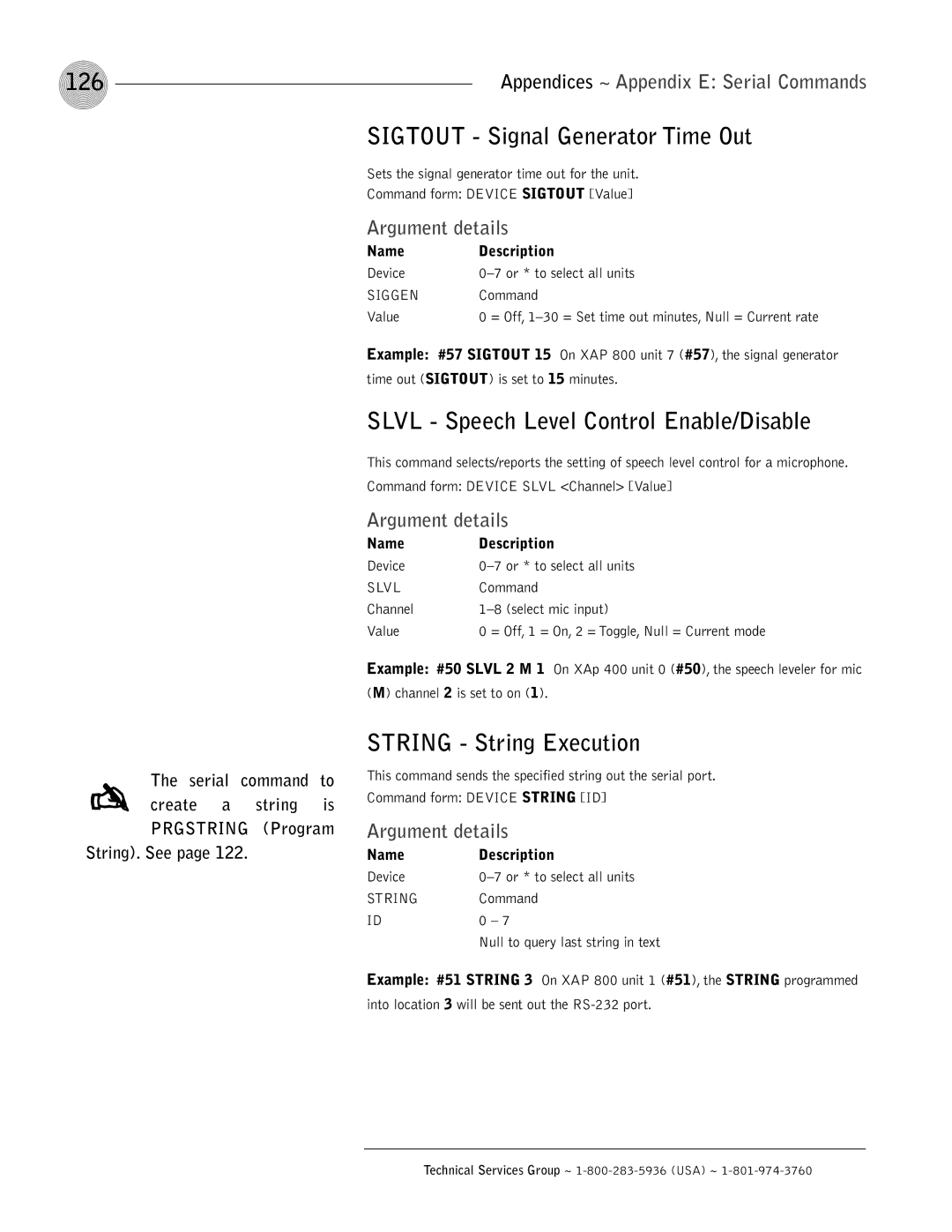 ClearOne comm XAP 800 operation manual 126, Sigtout Signal Generator Time Out, Slvl Speech Level Control Enable/Disable 