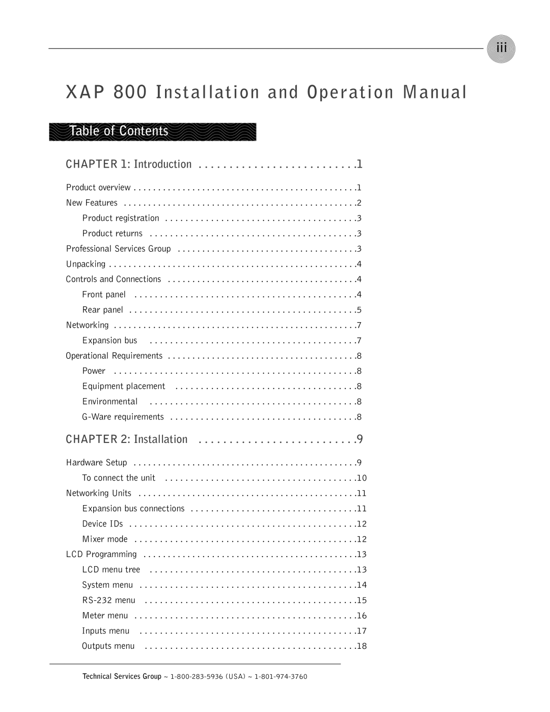 ClearOne comm XAP 800 operation manual Table of Contents 