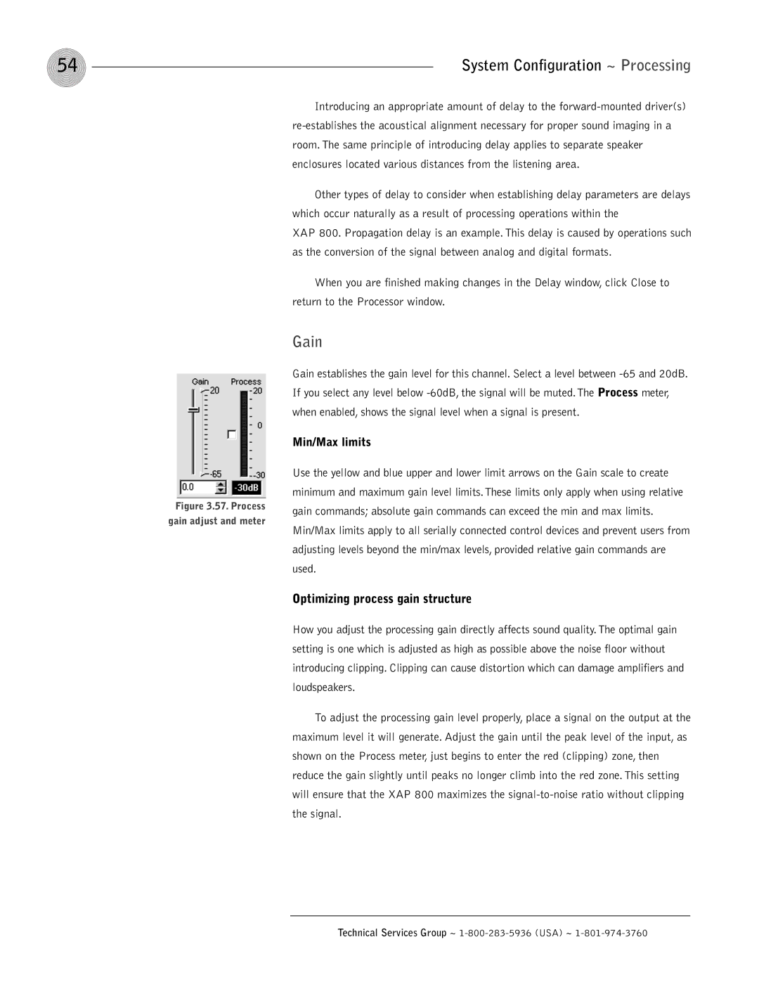 ClearOne comm XAP 800 operation manual Optimizing process gain structure, Process Gain adjust and meter 